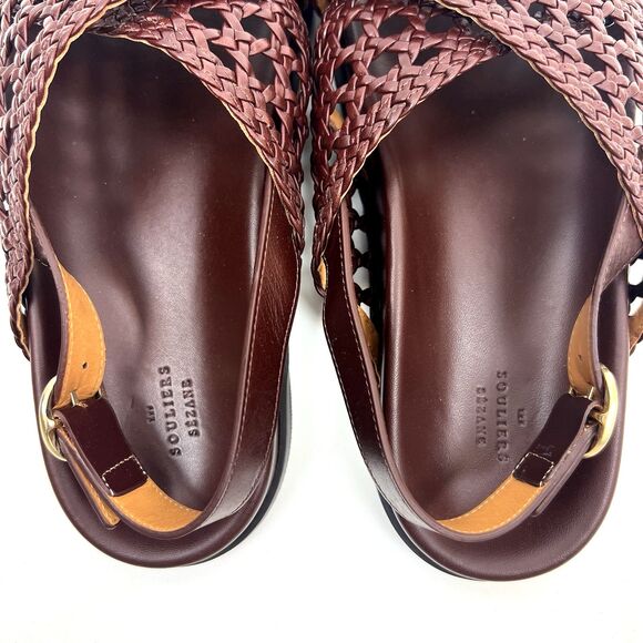 Sezane Tilda Low Sandals Size 9 Brown Smooth Woven Leather Flats Buckle Shoes - Picture 8 of 16